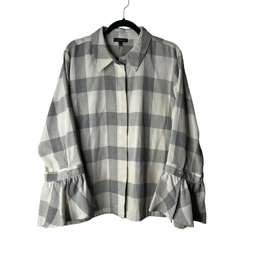 Lane Bryant Top Size 20 Plaid Bell Sleeves Button Down Boho Bohemian Lagenlook‎